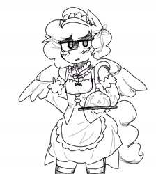 Size: 1647x1835 | Tagged: safe, artist:rellopone, oc, oc only, oc:overcastpone, pegasus, semi-anthro, blushing, clothes, crossdressing, looking at you, maid, serving tray, sketch, skirt, socks, solo, spread wings, thigh highs, tray, unamused, wings