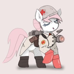 Size: 1355x1356 | Tagged: safe, artist:rellopone, nurse redheart, pony, g4, /mlp/ tf2 general, boots, clothes, crossover, earth, eyes closed, gloves, medic, medic (tf2), medigun, shoes, smiling, solo, team fortress 2, uniform