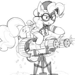 Size: 2000x2000 | Tagged: safe, artist:rellopone, pinkie pie, earth pony, pony, g4, /mlp/ tf2 general, crossover, engie pie, engineer, engineer (tf2), goggles, grin, high res, sentry gun, sketch, smiling, solo, team fortress 2