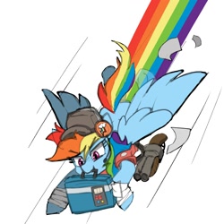 Size: 2000x2000 | Tagged: safe, artist:rellopone, rainbow dash, pegasus, pony, g4, /mlp/ tf2 general, arm wraps, cap, crossover, flying, gun, hat, headset, high res, intelligence, mouth hold, rainbow scout, rainbow trail, scattergun, scout (tf2), solo, suitcase, team fortress 2