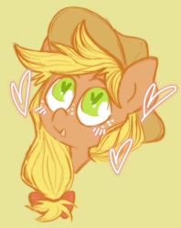 Size: 657x829 | Tagged: safe, artist:lamianxious, applejack, earth pony, pony, g4, blushing, bust, cute, female, green background, heart, heart eyes, jackabetes, mare, portrait, simple background, solo, wingding eyes