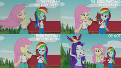Size: 1280x720 | Tagged: safe, edit, edited screencap, editor:quoterific, screencap, cherry crash, fluttershy, rainbow dash, rarity, sweet leaf, bird, equestria girls, g4, legend of everfree - bloopers, my little pony equestria girls: legend of everfree, bracelet, camp everfree outfits, crossed arms, eyes closed, female, hairpin, jewelry, open mouth, open smile, smiling