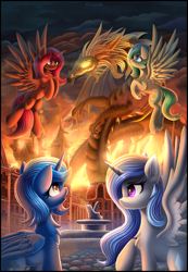 Size: 2100x3028 | Tagged: oc name needed, safe, artist:atlas-66, oc, oc only, alicorn, dragon, elemental, pony, serpent, fanfic:the empty room, alicorn oc, autumn, canterlot, fire, four seasons, high res, horn, spring, street, summer, wanderer d, wings, winter