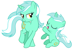 Size: 1280x854 | Tagged: safe, artist:artpwny, artist:media1997, artist:vaderpl, lyra heartstrings, pony, unicorn, g4, bedroom eyes, crossed hooves, cute, duality, duo, eyes closed, female, filly, filly lyra, lyrabetes, mare, open mouth, simple background, smiling, time paradox, transparent background, vector, younger