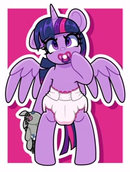 Size: 3091x4096 | Tagged: safe, artist:duckie, smarty pants, twilight sparkle, alicorn, pony, g4, abdl, adult foal, age regression, bipedal, button eyes, cute, diaper, diaper fetish, fetish, looking at you, one ear down, pacifier, plushie, solo, twiabetes, twilight sparkle (alicorn)