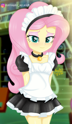 Size: 538x929 | Tagged: safe, artist:fluttershy_art.nurul, fluttershy, equestria girls, g4, beautiful, choker, clothes, cute, dress, eyeshadow, fluttermaid, jewelry, lace, legs together, library, maid, maid headdress, makeup, necklace, shyabetes, skirt, solo, unf