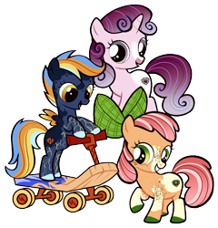 Size: 1730x1805 | Tagged: safe, artist:eonionic, apple bloom, scootaloo, sweetie belle, earth pony, pony, g4, alternate design, cutie mark crusaders, scooter, simple background, transparent background