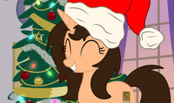 Size: 1280x756 | Tagged: safe, artist:small-brooke1998, artist:tocyabases, oc, oc:small brooke, pony, unicorn, ^^, base used, christmas, christmas lights, christmas tree, eyes closed, holiday, solo, tree