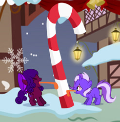 Size: 1280x1302 | Tagged: safe, artist:small-brooke1998, artist:songdonghee, oc, oc:proxima centauri, oc:ultraviolet light, pegasus, pony, unicorn, female, filly, hearth's warming, holiday, stuck, tongue out, tongue stuck to pole