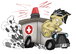 Size: 7016x4961 | Tagged: safe, artist:khaki-cap, oc, oc only, alicorn, pony, alicorn oc, ambulance, angry, car, commission, digital art, dirt, driving, fast, horn, license plate, male, mannbulance, raffle, raffle prize, road rage, signature, simple background, stallion, team fortress 2, transparent background, wings, ych result