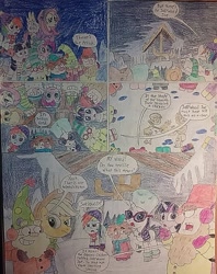 Size: 937x1185 | Tagged: safe, artist:jebens1, applejack, fluttershy, pinkie pie, rainbow dash, rarity, twilight sparkle, alicorn, pony, g4, clothes, comic, earmuffs, looking at you, looking down, looking down at you, mane six, scarf, shocked, the 7d, traditional art, twilight sparkle (alicorn), unamused, winter, winter outfit