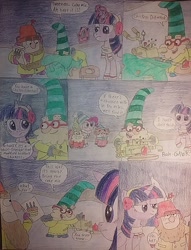 Size: 960x1256 | Tagged: safe, artist:jebens1, pinkie pie, twilight sparkle, alicorn, dwarf, pony, g4, clothes, comic, confused, earmuffs, metal detector, scarf, smiling, the 7d, traditional art, twilight sparkle (alicorn), unamused