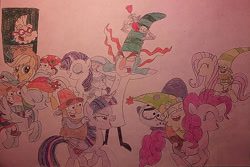 Size: 1024x682 | Tagged: safe, artist:jebens1, applejack, fluttershy, pinkie pie, rainbow dash, rarity, twilight sparkle, alicorn, pony, g4, covering ears, riding a pony, singing, song in the description, story included, strapped to a table, the 7d, traditional art, twilight sparkle (alicorn)