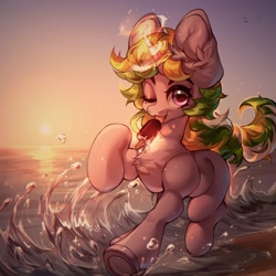 Size: 2048x2048 | Tagged: safe, artist:minekoo2, oc, oc only, oc:lemonswoosh, pony, unicorn, beach, commission, digital art, female, food, glowing, glowing horn, high res, horn, ice cream, licking, looking at you, magic, mare, ocean, one eye closed, running, sky, solo, sunset, tail, tongue out