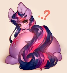 Size: 1892x2048 | Tagged: safe, artist:minekoo2, twilight sparkle, alicorn, pony, g4, butt, digital art, female, horn, looking at you, looking back, looking back at you, lying, mare, plot, ponyloaf, prone, question mark, rear view, simple background, solo, tail, twibutt, twilight sparkle (alicorn), wings