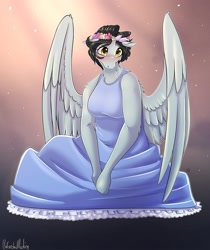 Size: 1724x2048 | Tagged: safe, artist:unfinishedheckery, oc, oc only, pegasus, anthro, breasts, clothes, commission, digital art, dress, female, simple background, solo, spread wings, tail, thighs, wings