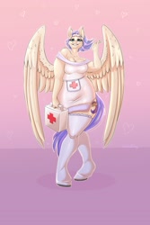 Size: 1400x2100 | Tagged: safe, artist:unfinishedheckery, oc, oc only, pegasus, anthro, unguligrade anthro, breasts, clothes, commission, digital art, female, looking at you, nurse, nurse outfit, simple background, solo, spread wings, stockings, tail, thigh highs, thighs, wings
