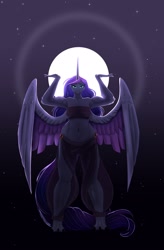 Size: 1340x2048 | Tagged: safe, artist:unfinishedheckery, princess luna, alicorn, anthro, digitigrade anthro, g4, belly button, breasts, busty princess luna, clothes, digital art, female, horn, loincloth, looking at you, simple background, solo, spread wings, tail, tank top, thighs, toes, wings