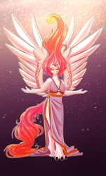 Size: 1374x2275 | Tagged: safe, artist:unfinishedheckery, princess celestia, alicorn, anthro, digitigrade anthro, g4, belly button, breasts, busty princess celestia, clothes, digital art, dress, eyes closed, eyeshadow, female, horn, leg fluff, long eyelashes, makeup, pink-mane celestia, shoulder fluff, side slit, simple background, solo, spread wings, tail, thighs, toes, total sideslit, wings