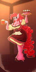 Size: 1050x2100 | Tagged: safe, artist:unfinishedheckery, pinkie pie, earth pony, anthro, unguligrade anthro, g4, alcohol, bar maid, barmaid, beer, breasts, busty pinkie pie, cake, cleavage, clothes, digital art, dress, female, food, looking at you, oktoberfest, open mouth, open smile, simple background, smiling, solo, tail, thighs, unshorn fetlocks