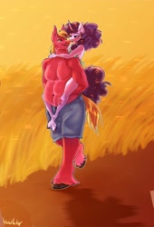 Size: 1396x2048 | Tagged: safe, artist:unfinishedheckery, big macintosh, sugar belle, earth pony, unicorn, anthro, unguligrade anthro, g4, bedroom eyes, belly button, clothes, dad bod, digital art, duo, farm, female, horn, husband and wife, looking at each other, looking at someone, male, open mouth, partial nudity, pecs, piggyback ride, plump, ship:sugarmac, shipping, shorts, straight, tail, tank top, thighs, topless