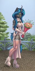 Size: 1500x3000 | Tagged: safe, artist:catd-nsfw, queen chrysalis, changeling, changeling queen, anthro, beautiful, breasts, bridge, busty queen chrysalis, clothes, dress, eyes closed, female, flower, high heels, lingerie, lips, marriage, park, shoes, smiling, solo, stockings, thigh highs, wedding, wedding dress