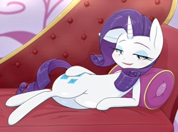 Size: 2117x1567 | Tagged: safe, artist:batipin, rarity, pony, unicorn, g4, blushing, draw me like one of your french girls, fainting couch, female, lidded eyes, looking at you, mare, open mouth, pillow, remake, solo