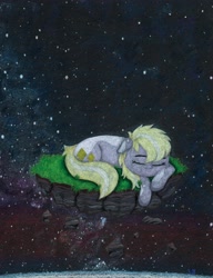 Size: 3153x4096 | Tagged: safe, artist:myzanil, oc, oc only, oc:light charm, earth pony, pony, colored pencil drawing, cute, eyes closed, floating island, floppy ears, grass, lying down, peaceful, rock, sleeping, smiling, solo, space, stars, traditional art