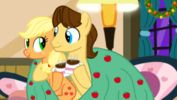 Size: 1280x720 | Tagged: safe, artist:mlplary6, applejack, caramel, earth pony, pony, g4, boyfriend and girlfriend, chocolate, christmas, duo, female, food, holiday, hot chocolate, looking at each other, looking at someone, male, mare, ship:carajack, shipping, smiling, smiling at each other, stallion, straight