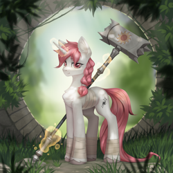 Size: 2000x2000 | Tagged: safe, artist:inowiseei, oc, oc only, oc:stellar vision, pony, unicorn, chest fluff, commission, ear fluff, female, hammer, high res, lidded eyes, looking at you, magic, mare, solo, telekinesis