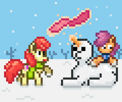 Size: 480x400 | Tagged: safe, artist:nitobit, apple bloom, scootaloo, earth pony, pegasus, pony, g4, apple bloom's bow, bow, carrot, clothes, female, filly, food, hair bow, levitation, magic, pixel art, scarf, snow, snowman, snowpony, telekinesis