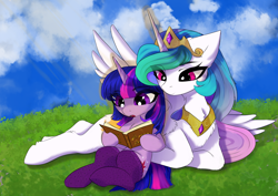 Size: 2950x2086 | Tagged: safe, artist:empress-twilight, princess celestia, twilight sparkle, alicorn, pony, g4, book, clothes, crown, duo, female, glowing, glowing horn, high res, horn, i can't believe it's not magnaluna, jewelry, lying down, magic, mare, reading, regalia, socks, stockings, thigh highs