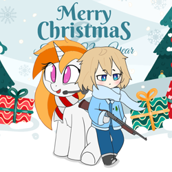 Size: 2894x2894 | Tagged: safe, artist:ramsfel, oc, oc only, oc:diana melody, oc:fears, human, pony, unicorn, christmas, clothes, duo, gun, high res, holiday, human and pony, jacket, merry christmas, present, scarf, snow, weapon