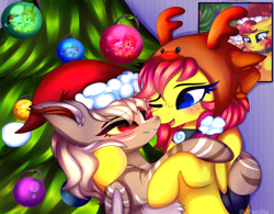 Size: 4520x3520 | Tagged: safe, artist:2pandita, oc, oc only, oc:miziky otonashy, oc:schwin, bat pony, pegasus, pony, christmas, christmas tree, hat, holiday, santa hat, tree