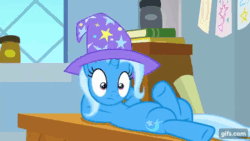 Size: 640x360 | Tagged: safe, screencap, trixie, pony, unicorn, a horse shoe-in, g4, season 9, anatomically incorrect, animated, belly, clothes, cute, diatrixes, eyes closed, female, gif, gifs.com, grin, hat, mare, misleading thumbnail, narcolepsy, nose in the air, one eye closed, open mouth, open smile, school of friendship, sleeping, smiling, solo, trixie's hat, wink