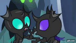 Size: 640x360 | Tagged: safe, screencap, pharynx, thorax, changeling, nymph, g4, season 7, to change a changeling, animated, baby, baby changeling, brothers, cute, cuteling, fangs, gif, gifs.com, male, open mouth, siblings, why are you hitting yourself