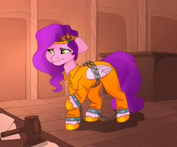 Size: 1982x1640 | Tagged: safe, artist:shooshaa, pipp petals, pegasus, pony, g5, my little pony: a new generation, bound, bound wings, chains, clothes, courtroom, cuffs, jumpsuit, prison outfit, prisoner, prisoner pipp, sad, shackles, solo, wings
