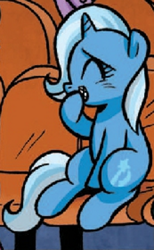 Size: 346x560 | Tagged: safe, edit, idw, trixie, pony, unicorn, g4, spoiler:comic40, cropped, cute, diatrixes, female, filly, filly trixie, sitting, snickering, solo, younger