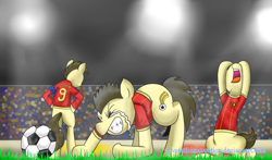 Size: 1200x704 | Tagged: safe, artist:phuocthiencreation, earth pony, pony, 2014, bipedal, clothes, crying, eyes closed, football, gritted teeth, head in hooves, nose in the air, open mouth, ponified, sad, sports, stadium, tail, vietnam