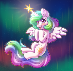 Size: 2552x2480 | Tagged: safe, artist:dandy, princess celestia, alicorn, pony, g4, aurora borealis, blushing, christmas star, cute, cutelestia, ear fluff, eye clipping through hair, female, flying, high res, horn, looking at you, mare, open mouth, open smile, smiling, smiling at you, solo, spread wings, starry eyes, stars, wingding eyes, wings