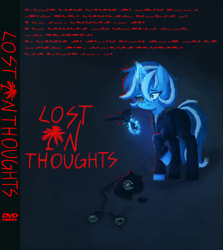 Size: 1925x2158 | Tagged: safe, artist:menalia, oc, oc only, oc:freezy coldres, pony, unicorn, aesthetics, clothes, female, gun, jacket, looking at something, magic, mare, morse code, neon, palm tree, pants, scared, shirt, shoes, solo, t-shirt, text, tree, weapon