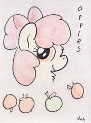 Size: 434x585 | Tagged: safe, artist:slightlyshade, apple bloom, earth pony, pony, g4, apple, bust, female, filly, food, portrait, solo