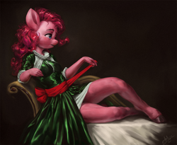 Size: 1080x884 | Tagged: safe, artist:assasinmonkey, pinkie pie, earth pony, anthro, unguligrade anthro, g4, breasts, christmas, clothes, female, holiday, hooves, legs, solo