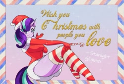 Size: 1423x965 | Tagged: safe, artist:traupa, part of a set, starlight glimmer, unicorn, anthro, g4, adorasexy, anime, anime style, ass, big breasts, breasts, busty starlight glimmer, butt, christmas, clothes, costume, cute, evening gloves, female, food, gloves, hat, holiday, long gloves, one eye closed, postcard, santa costume, santa hat, sexy, socks, solo, stockings, striped socks, sugar cane, thigh highs, wink