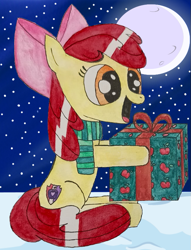 Size: 649x849 | Tagged: safe, artist:aking, apple bloom, earth pony, pony, g4, christmas, clothes, cute, gift giving, holiday, present, scarf, smiling, snow, snowfall, solo, traditional art, winter