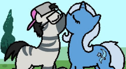 Size: 672x370 | Tagged: safe, artist:pokehidden, trixie, oc, oc:axelizaxion, pony, unicorn, zebra, banned from equestria daily, g4, cap, colt, eyes closed, female, foal, hat, horn, kiss on the lips, kissing, male, mare, stallion