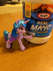 Size: 3024x4032 | Tagged: safe, izzy moonbow, pony, unicorn, g5, my little pony: a new generation, bing bong, figurine, food, irl, jontron thread, mayonnaise, merchandise, photo, sauce, toy