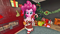 Size: 1600x900 | Tagged: safe, artist:oatmeal!, pinkie pie, equestria girls, g4, 3d, breasts, busty pinkie pie, christmas, christmas tree, clothes, costume, dress, fireplace, gmod, holiday, present, santa costume, solo, tree