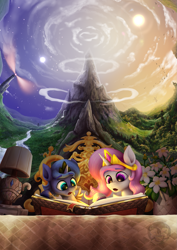 Size: 1169x1653 | Tagged: safe, artist:calena, princess celestia, princess luna, alicorn, pony, fanfic:into the light, g4, adorkable, bedroom, book, cewestia, cloud, cover, cover art, crown, cute, dork, duo, fanfic, fanfic art, female, filly, filly celestia, filly luna, flower, gold, jewelry, lighthouse, magic, moon, mountain, pink-mane celestia, regalia, river, royal sisters, scenery, scenery porn, siblings, sisters, sun, woona, younger