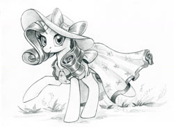 Size: 1200x879 | Tagged: safe, artist:maytee, gameloft, rarity, pony, unicorn, g4, bow, clothes, dress, female, grayscale, hat, looking at you, mare, monochrome, outdoors, raised hoof, raised leg, smiling, solo, standing, sun hat, three quarter view, traditional art